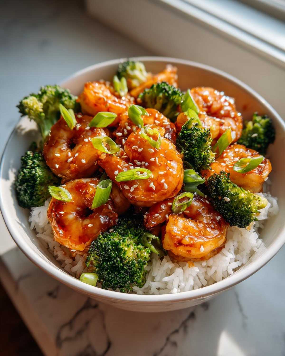 Close-up of a bowl filled with Honey Garlic Shrimp Bowls, featuring glazed shrimp, steamed broccoli, and white rice, topped with sesame seeds.