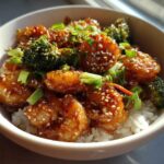 Close-up of Honey Garlic Shrimp Bowls featuring glossy shrimp, broccoli florets, and white rice, topped with sesame seeds.