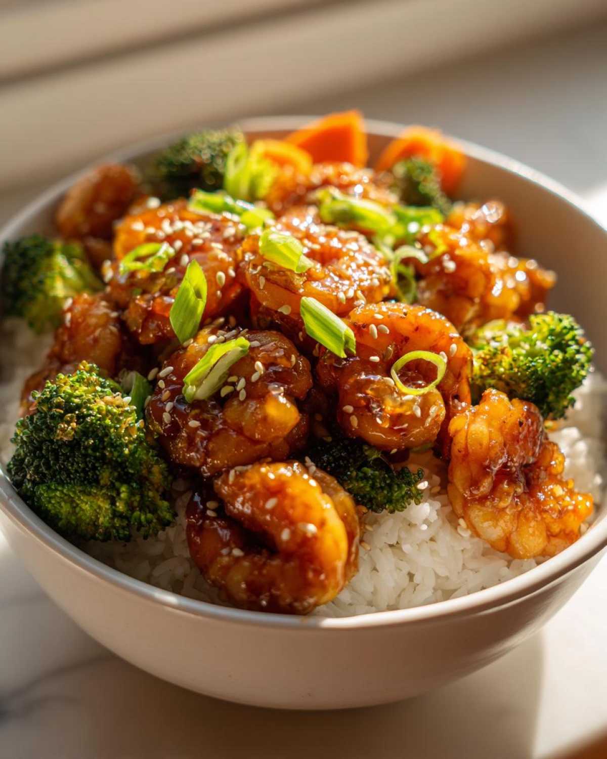 Close-up of a bowl filled with white rice topped with glazed Honey Garlic Shrimp, bright green broccoli florets, and sliced green onions.