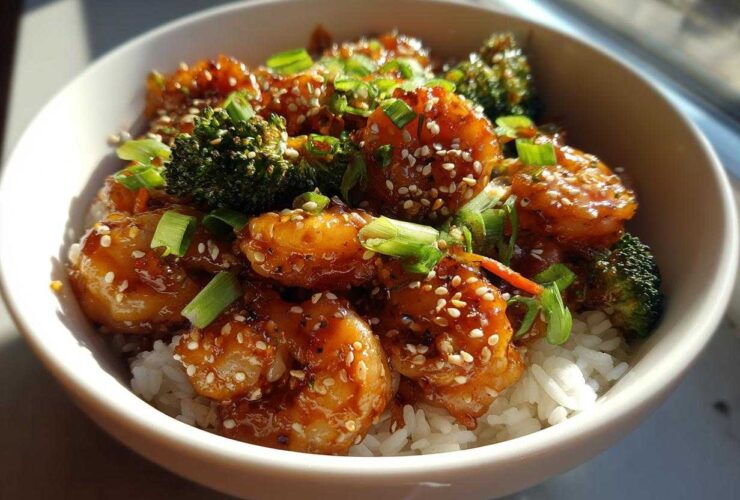 Close-up of Honey Garlic Shrimp Bowls featuring glossy shrimp, broccoli florets, and white rice, topped with sesame seeds.