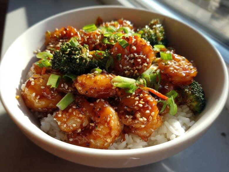 Close-up of Honey Garlic Shrimp Bowls featuring glossy shrimp, broccoli florets, and white rice, topped with sesame seeds.