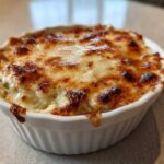 A close-up of hot Baked Pickle Dip bubbling in a white ramekin with a perfectly browned and melted cheese topping.