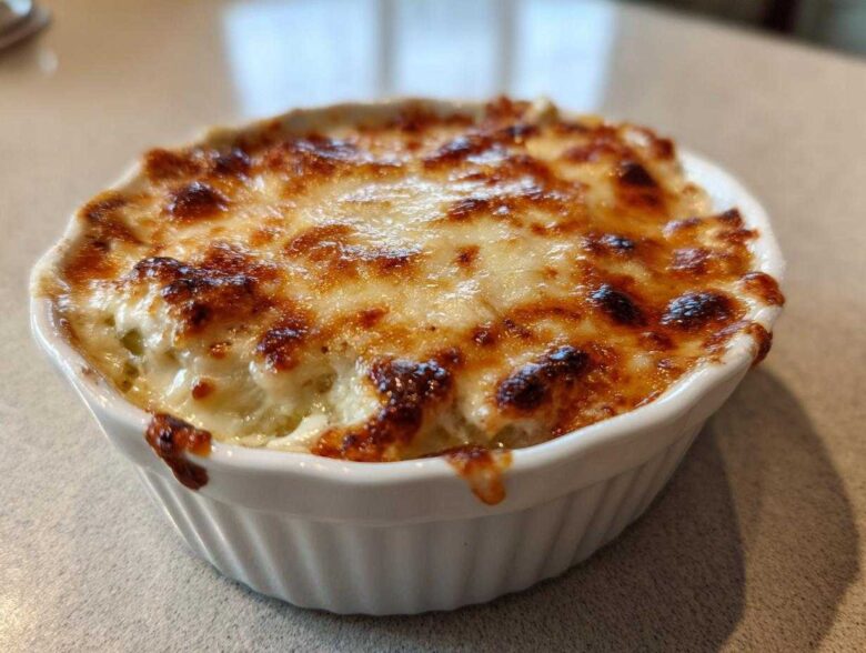A close-up of hot Baked Pickle Dip bubbling in a white ramekin with a perfectly browned and melted cheese topping.