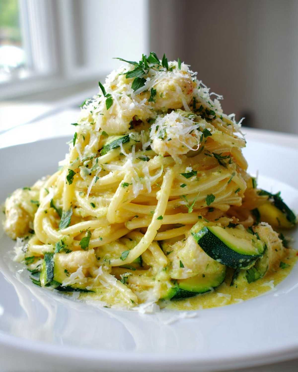 A tall serving of Lemon Chicken Pasta with Zucchini and Parmesan, topped with grated cheese and parsley.