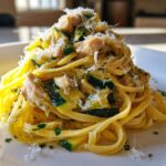 A close-up of Lemon Chicken Pasta with Zucchini and Parmesan, topped with grated cheese and parsley.