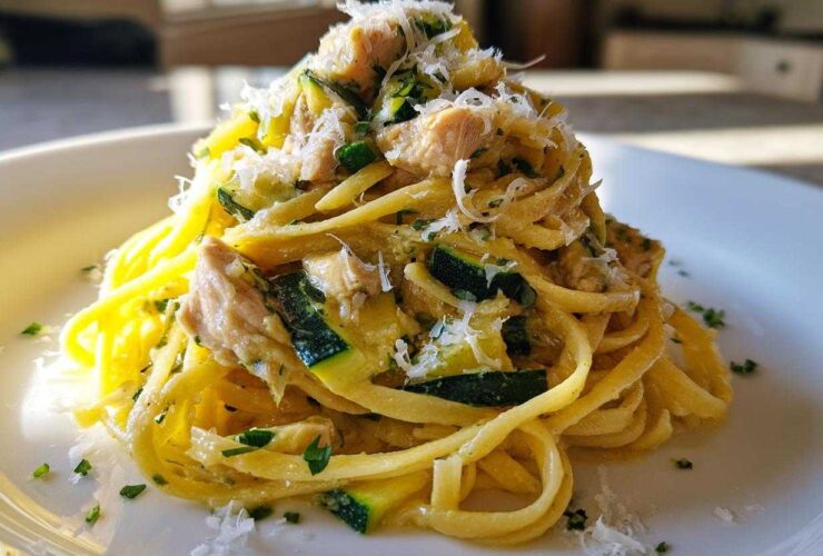 A close-up of Lemon Chicken Pasta with Zucchini and Parmesan, topped with grated cheese and parsley.