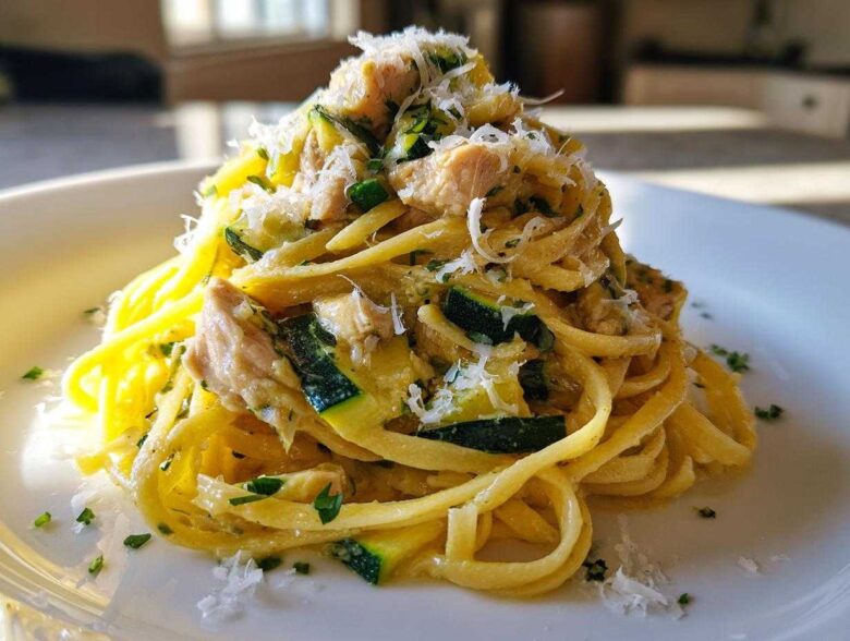 A close-up of Lemon Chicken Pasta with Zucchini and Parmesan, topped with grated cheese and parsley.
