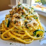 A mound of creamy Lemon Chicken Pasta with Zucchini and Parmesan, topped generously with shredded cheese and parsley.