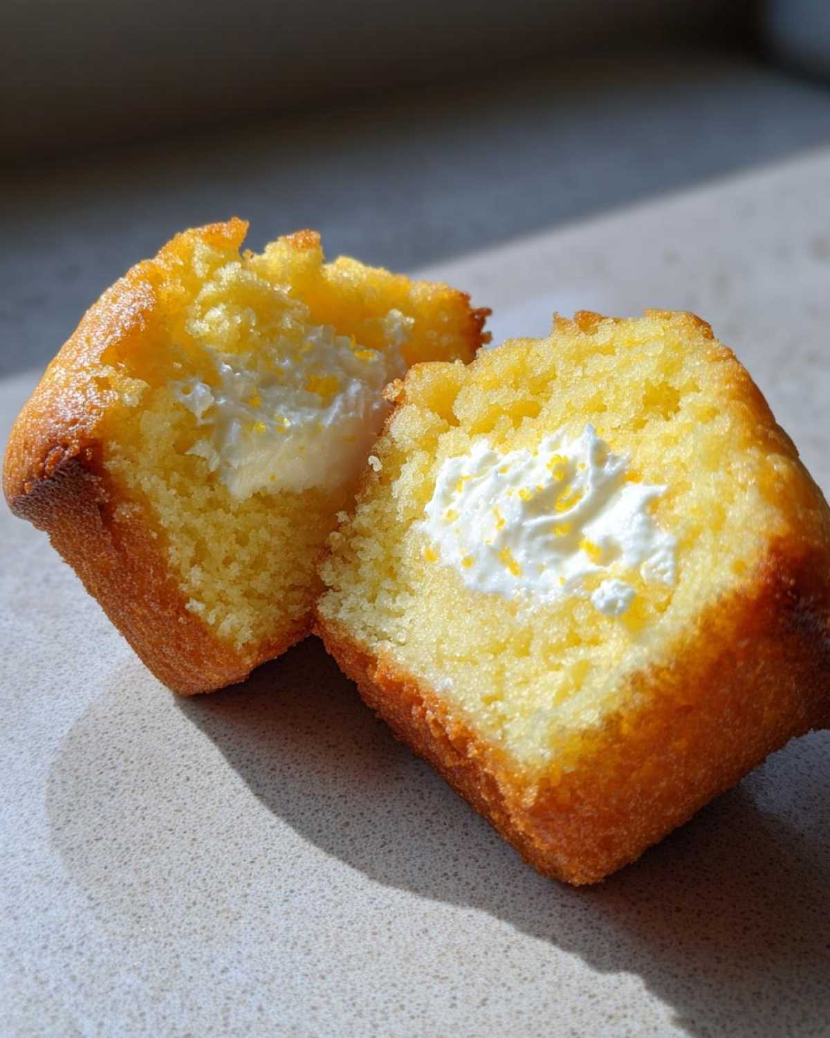 A close-up of a Lemon Muffins with Cream Cheese Filling cut in half, revealing the bright yellow cake and creamy white center.