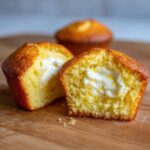 Close-up of a Lemon Muffins with Cream Cheese Filling cut in half, showing the creamy white center and yellow crumb.