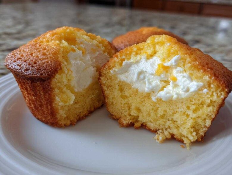 Close-up of a Lemon Muffins with Cream Cheese Filling cut in half, showing the bright yellow cake and white filling.