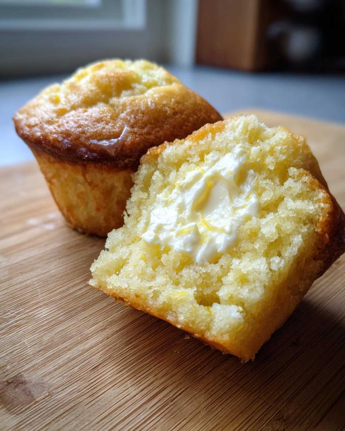 Close-up of a Lemon Muffins with Cream Cheese Filling, cut open to show the creamy center.