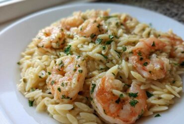 A close-up view of creamy Lemon Orzo Shrimp garnished with fresh parsley, served on a white plate.