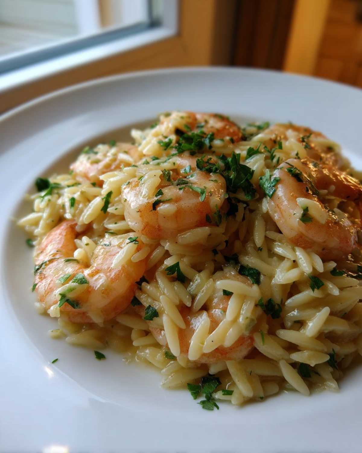 Close-up of a serving of Lemon Orzo Shrimp on a white plate, topped with chopped parsley.