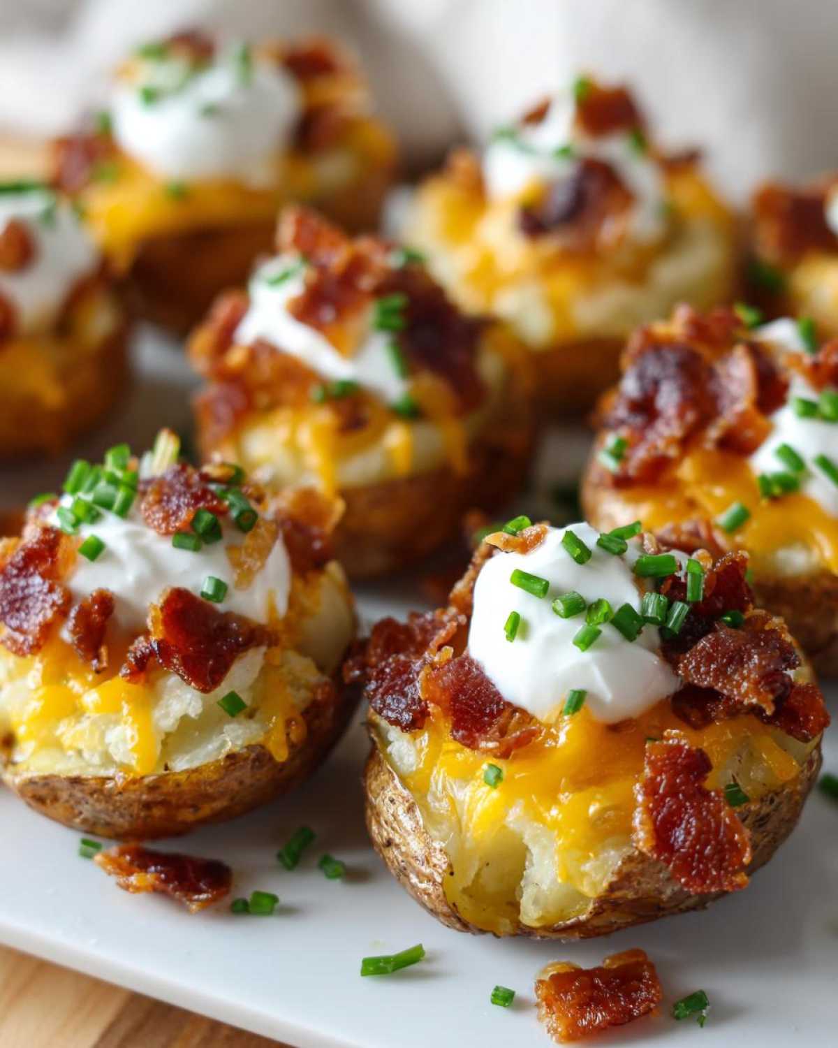 Close-up of several Loaded Mini Potato Bites topped with melted cheddar, bacon bits, sour cream, and chives.