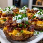 A platter of delicious Loaded Mini Potato Bites topped with melted cheese, crispy bacon, sour cream, and fresh chives.