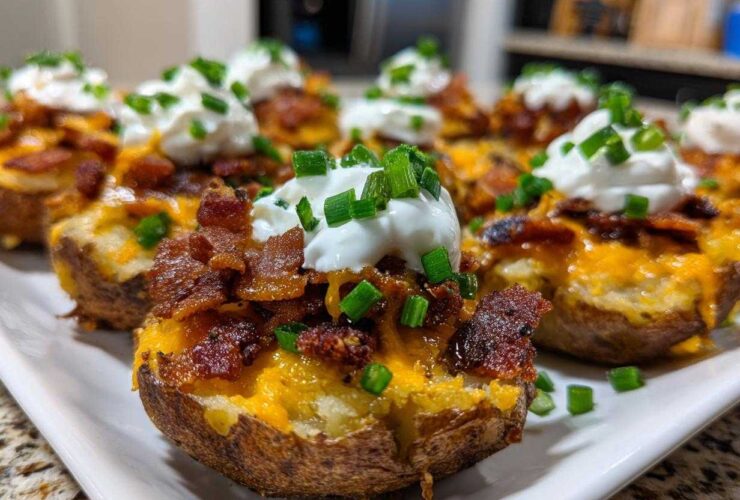 A platter of delicious Loaded Mini Potato Bites topped with melted cheese, crispy bacon, sour cream, and fresh chives.
