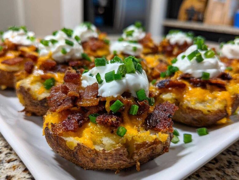 A platter of delicious Loaded Mini Potato Bites topped with melted cheese, crispy bacon, sour cream, and fresh chives.
