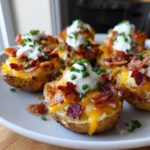 Close-up of several Loaded Mini Potato Bites topped with melted cheddar, bacon bits, sour cream, and chives.