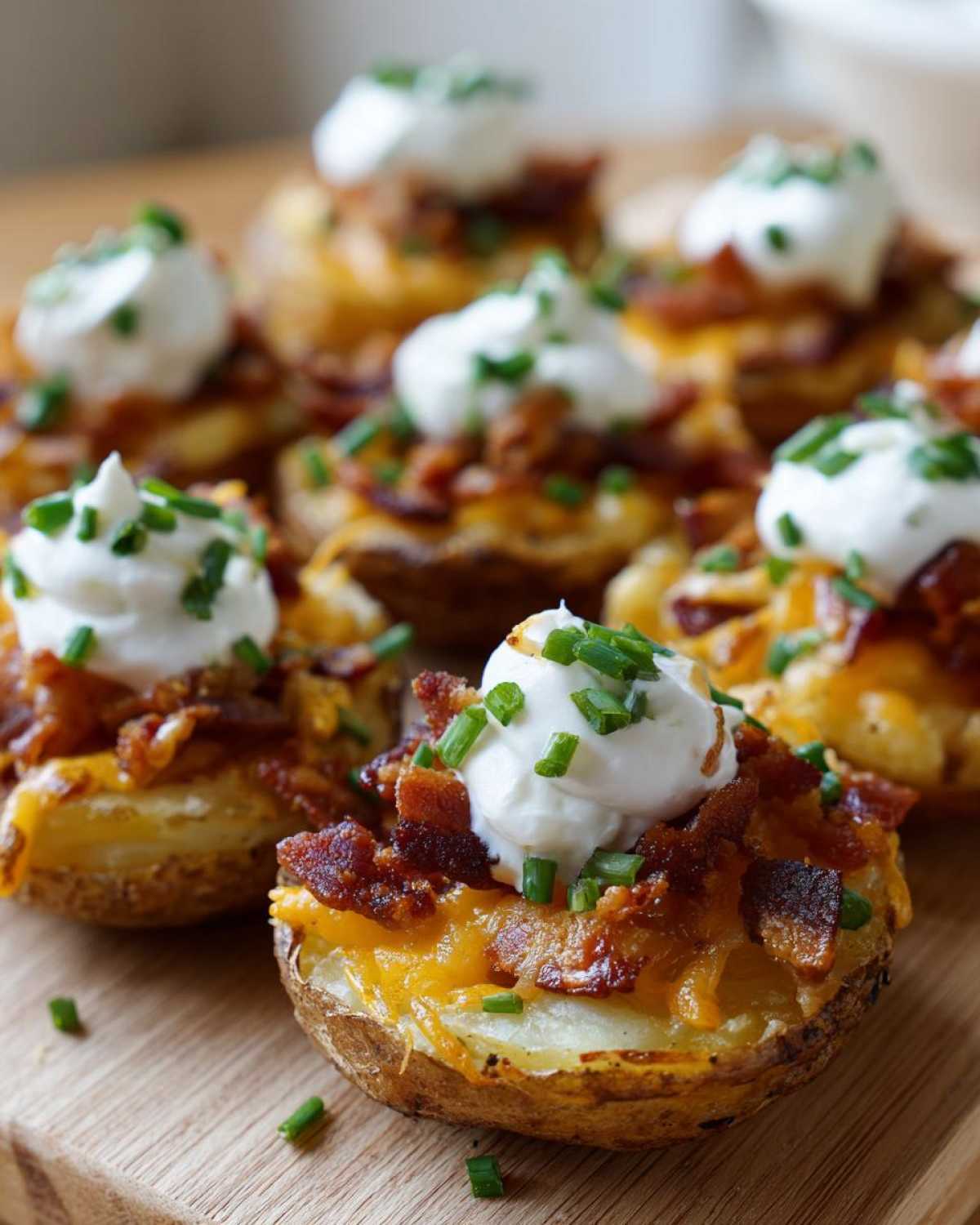 A close-up view of several Loaded Mini Potato Bites topped with melted cheese, bacon bits, sour cream, and chives.