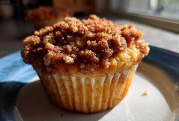Close-up of a moist Apple Cinnamon Crumb Muffin topped generously with dark brown cinnamon streusel.