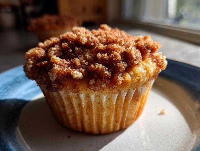 Close-up of a moist Apple Cinnamon Crumb Muffin topped generously with dark brown cinnamon streusel.