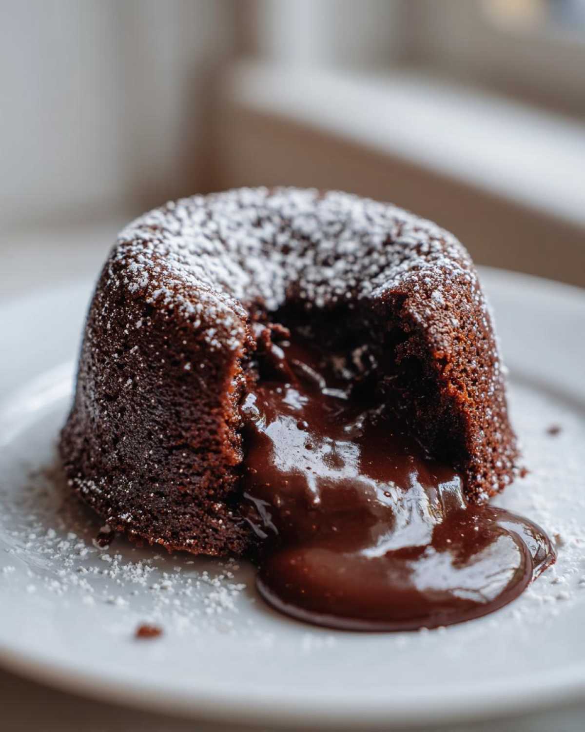 Close-up of a Molten Chocolate Lava Cake dusted with powdered sugar, showing the rich, gooey chocolate center flowing out onto a white plate.