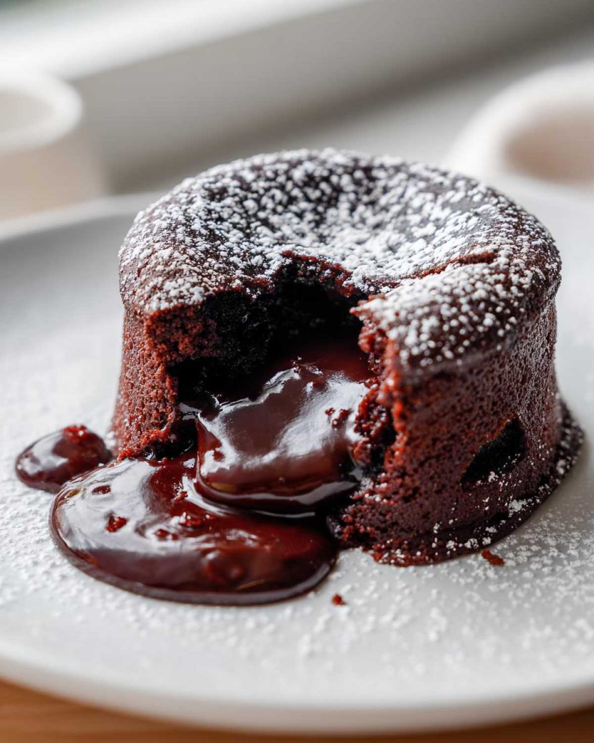 Close-up of a freshly baked Molten Chocolate Lava Cake with molten chocolate flowing out and dusted with powdered sugar.