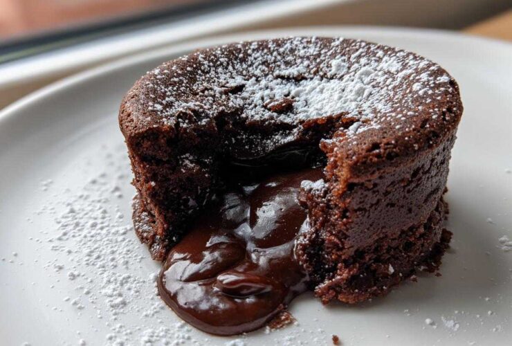 A close-up of a freshly baked Molten Chocolate Lava Cake with the center oozing rich chocolate sauce, dusted with powdered sugar.