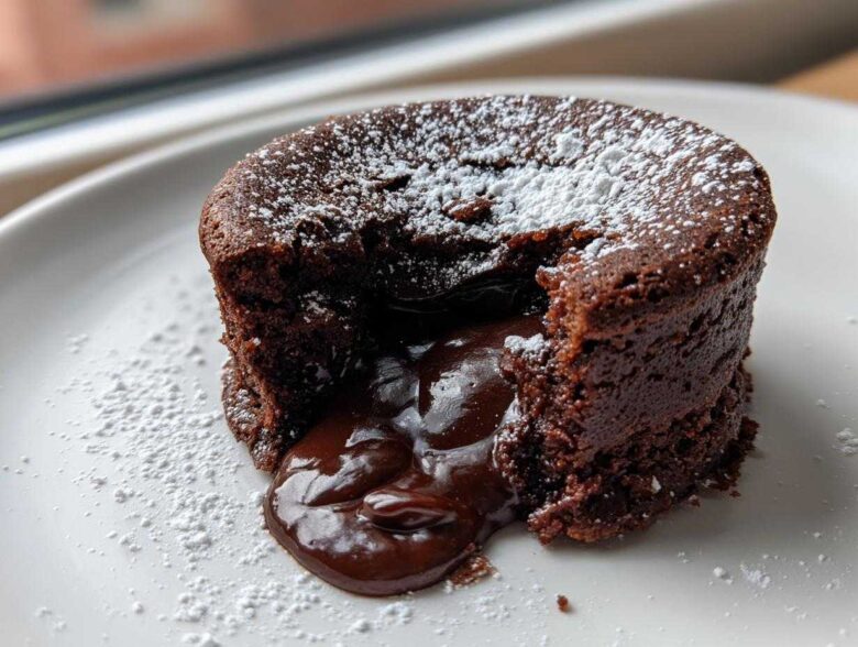 A close-up of a freshly baked Molten Chocolate Lava Cake with the center oozing rich chocolate sauce, dusted with powdered sugar.