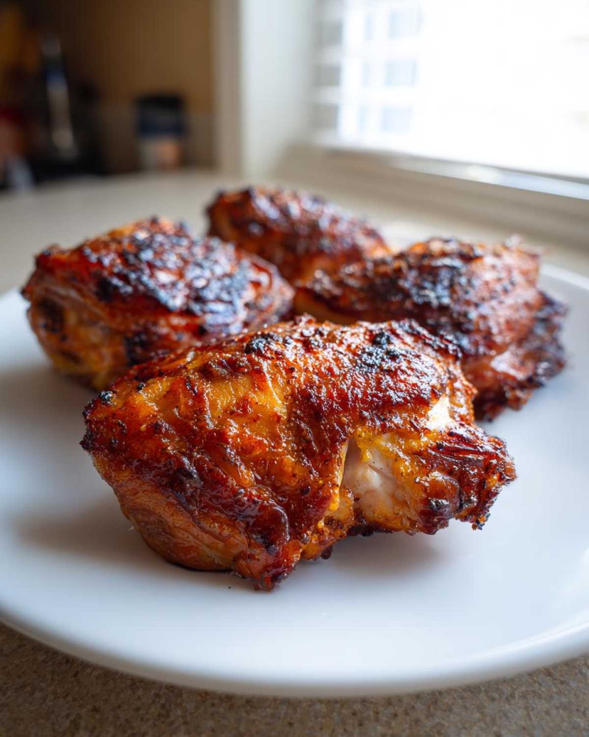 Four perfectly cooked Oven-Baked Chicken Thighs with crispy, caramelized skin resting on a white plate.
