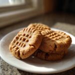A stack of freshly baked Peanut Butter Cookies showing the classic crisscross fork marks, sitting on a white plate.