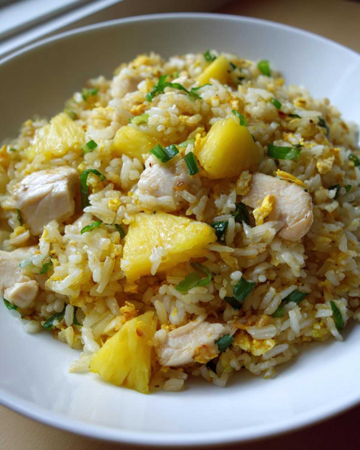 A close-up serving of vibrant Pineapple Fried Rice with Chicken, pineapple chunks, and green onions in a white bowl.