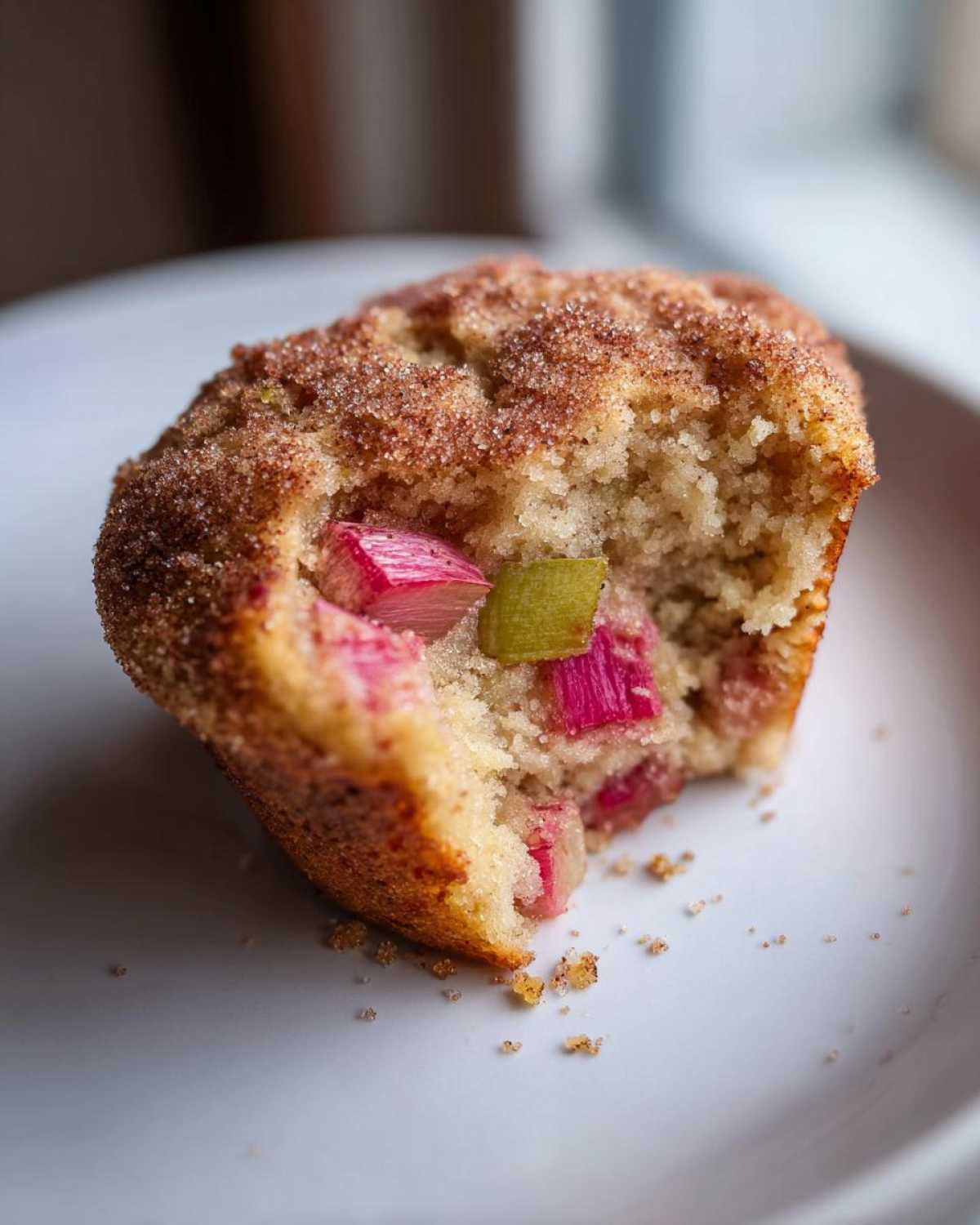 Close-up of a Rhubarb Muffin with Cinnamon Sugar Topping, showing bright pink rhubarb pieces inside.