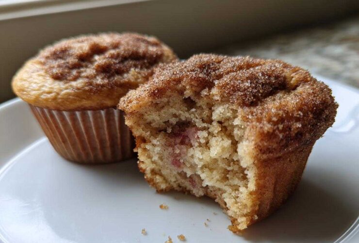 One Rhubarb Muffin with Cinnamon Sugar Topping is broken open showing the interior, next to a whole muffin.