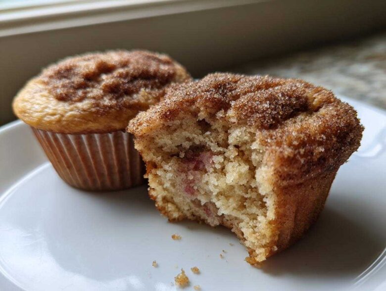 One Rhubarb Muffin with Cinnamon Sugar Topping is broken open showing the interior, next to a whole muffin.