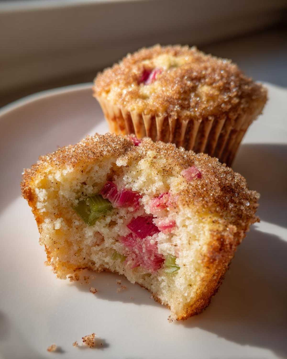 A halved Rhubarb Muffin with Cinnamon Sugar Topping showing pink and green rhubarb pieces inside a moist crumb.