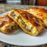 Close-up of a golden-brown Sausage and Pepper Calzone cut in half, showing sausage, cheese, and egg filling.