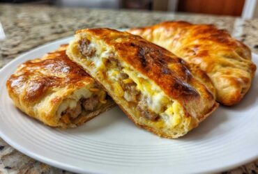Close-up of a golden-brown Sausage and Pepper Calzone cut in half, showing sausage, cheese, and egg filling.