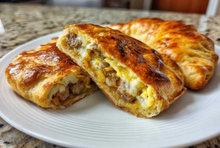 Close-up of a golden-brown Sausage and Pepper Calzone cut in half, showing sausage, cheese, and egg filling.