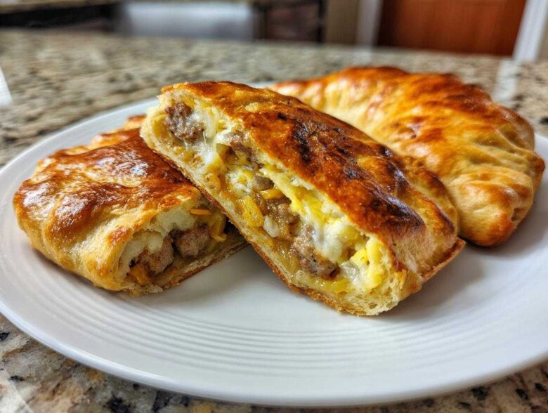 Close-up of a golden-brown Sausage and Pepper Calzone cut in half, showing sausage, cheese, and egg filling.