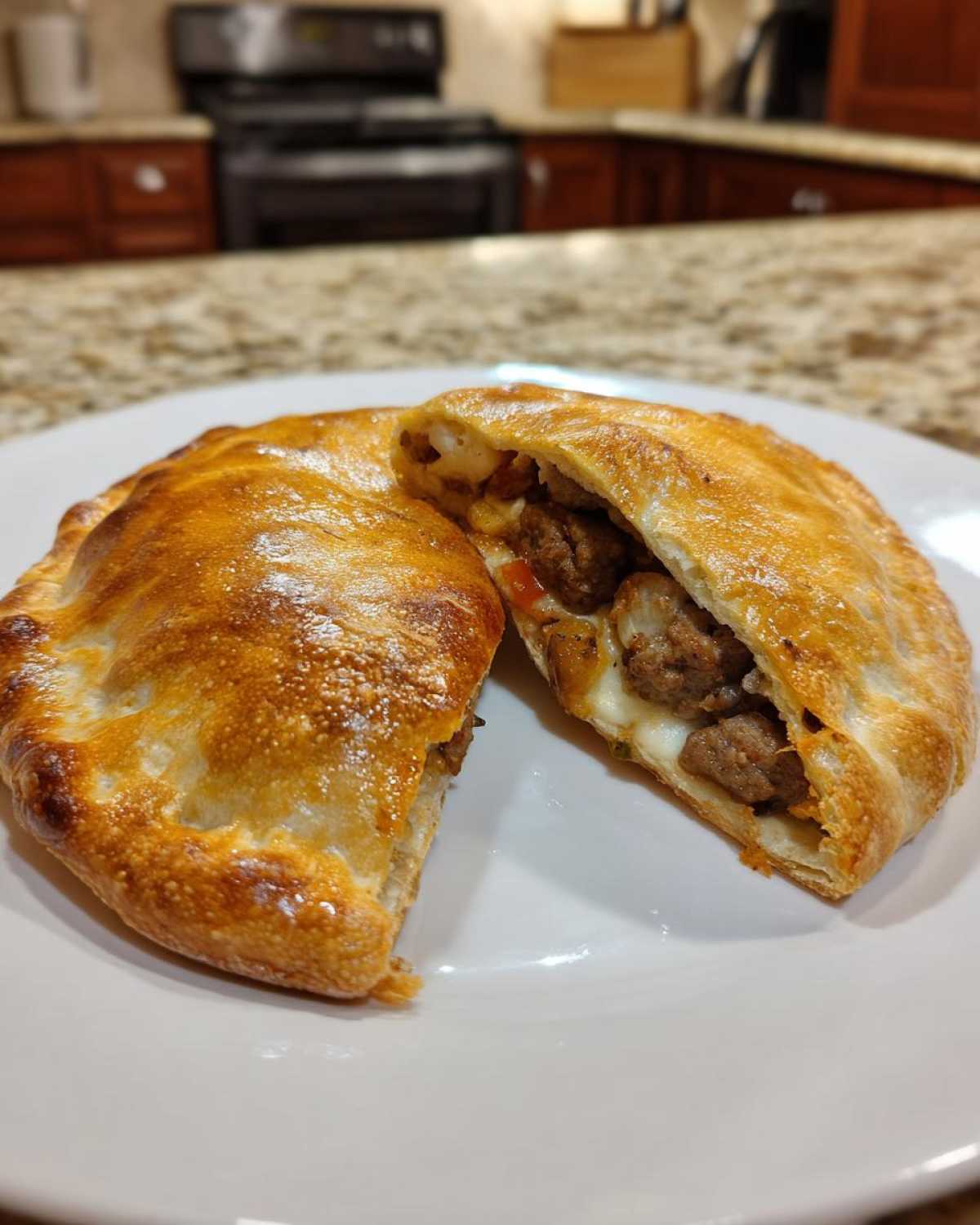 A golden-brown Sausage and Pepper Calzone cut in half, revealing the savory sausage, melted cheese, and peppers inside.