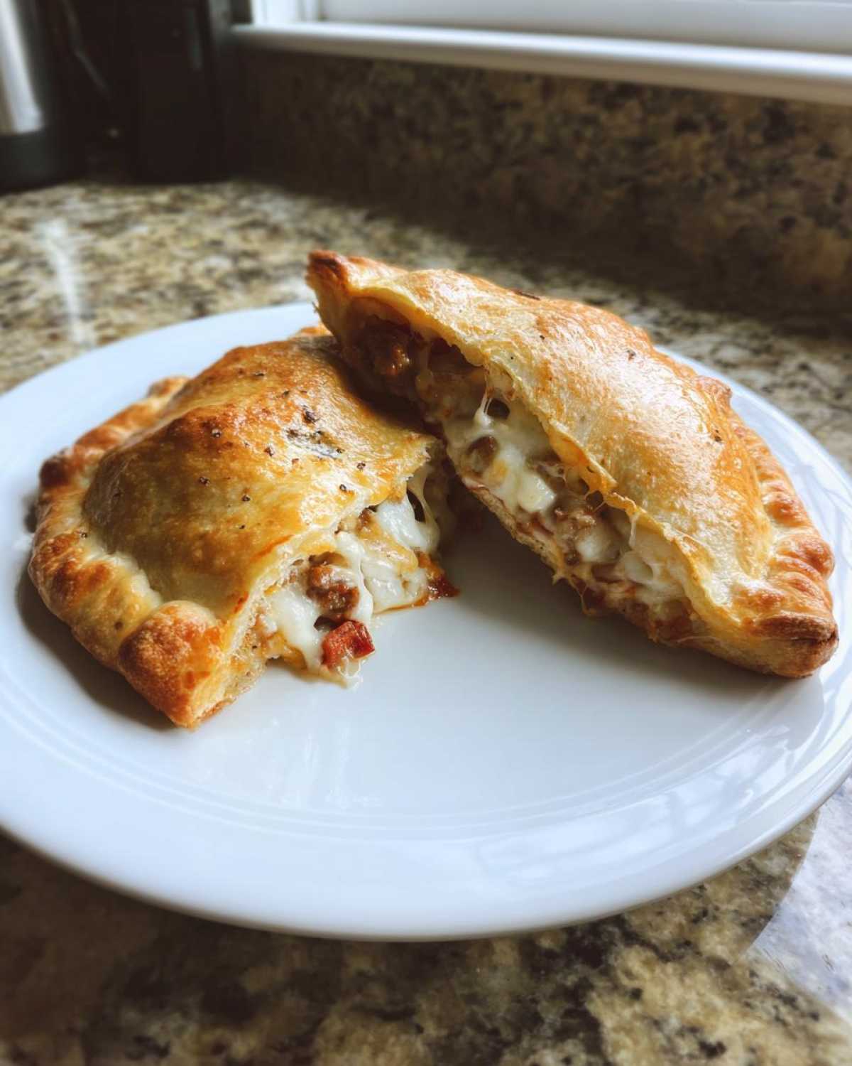 A golden-brown Sausage and Pepper Calzone cut in half on a white plate, revealing melted cheese and sausage filling.