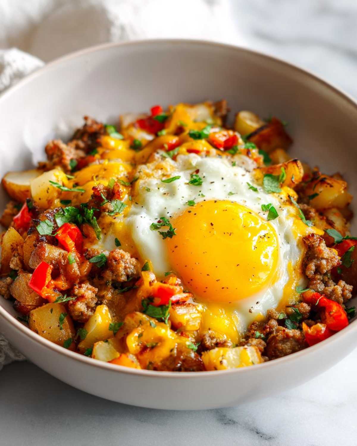 Close-up of a Sausage and Potato Breakfast Bowls topped with a sunny-side-up egg and melted cheese.