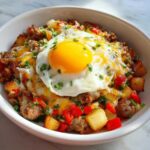 A close-up of a Sausage and Potato Breakfast Bowls topped with melted cheese and a sunny-side-up egg.