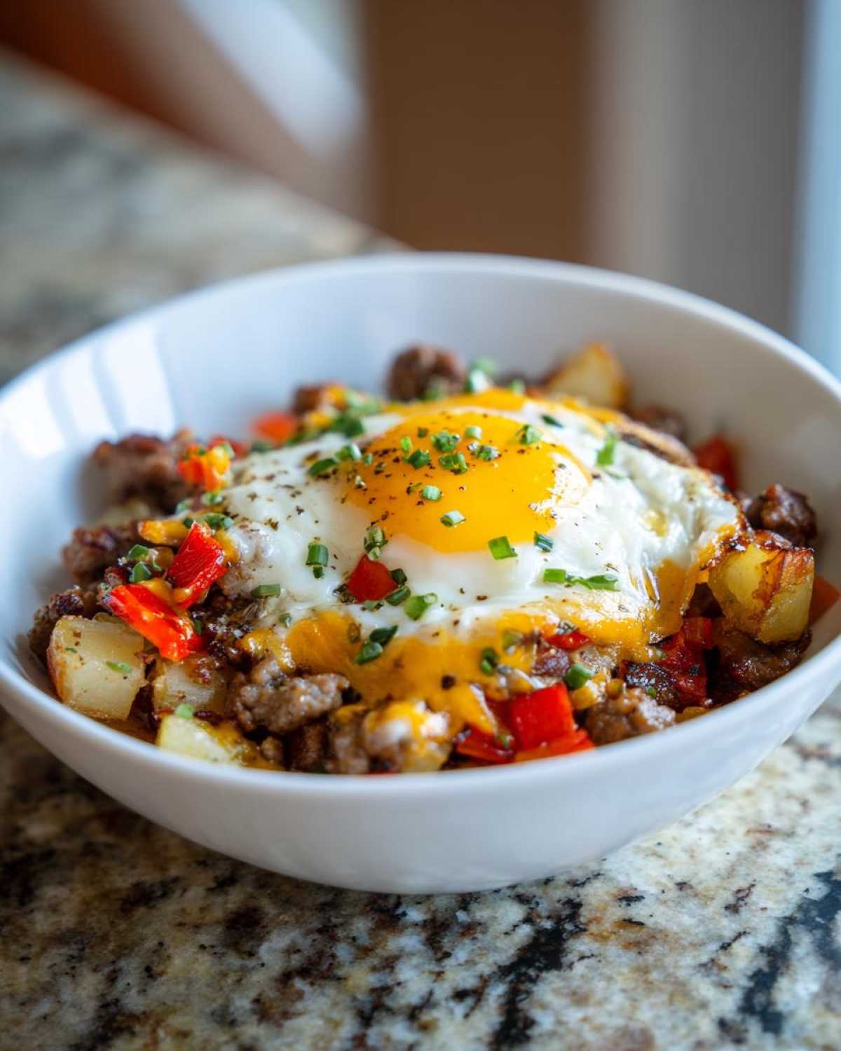 A close-up of a Sausage and Potato Breakfast Bowls topped with a sunny-side-up egg and chives.