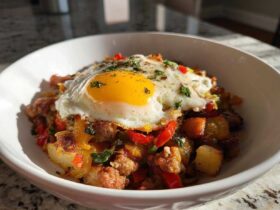 A close-up of a Sausage and Potato Breakfast Bowls topped with a perfectly fried egg and fresh herbs.