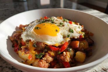 A close-up of a Sausage and Potato Breakfast Bowls topped with a perfectly fried egg and fresh herbs.