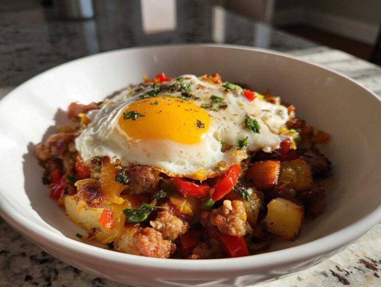 A close-up of a Sausage and Potato Breakfast Bowls topped with a perfectly fried egg and fresh herbs.