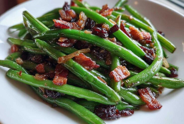 Close-up of bright green Sautéed Green Beans with Crispy Bacon bits served on a white plate.